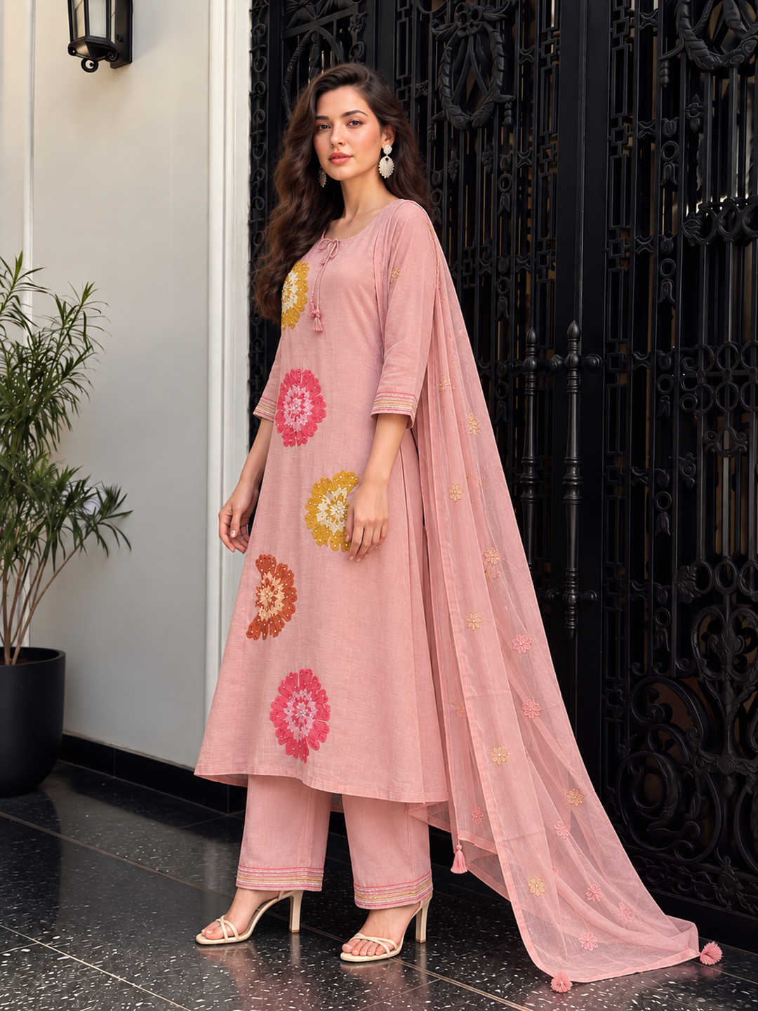 Dusty Pink Floral Embroidered Mul Chanderi Suit Set