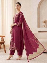Women's Wine Floral Kurta Set with Dupatta