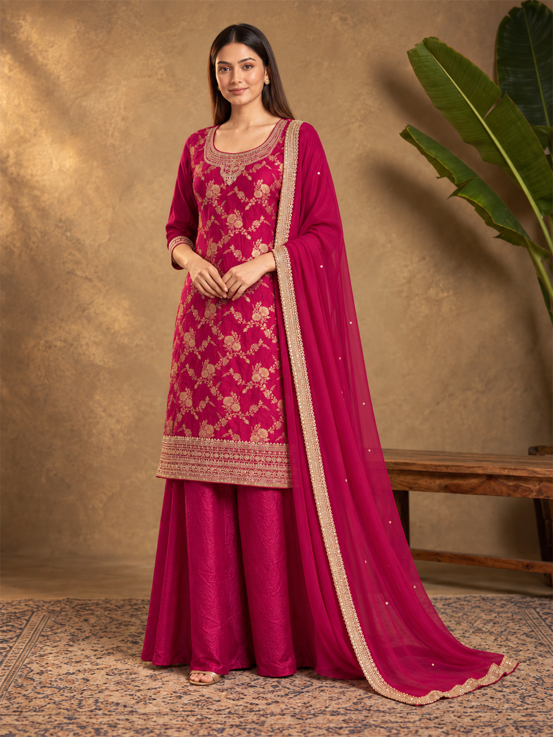 Bright Pink Embroidered Silk Blend Sharara Suit with Dupatta