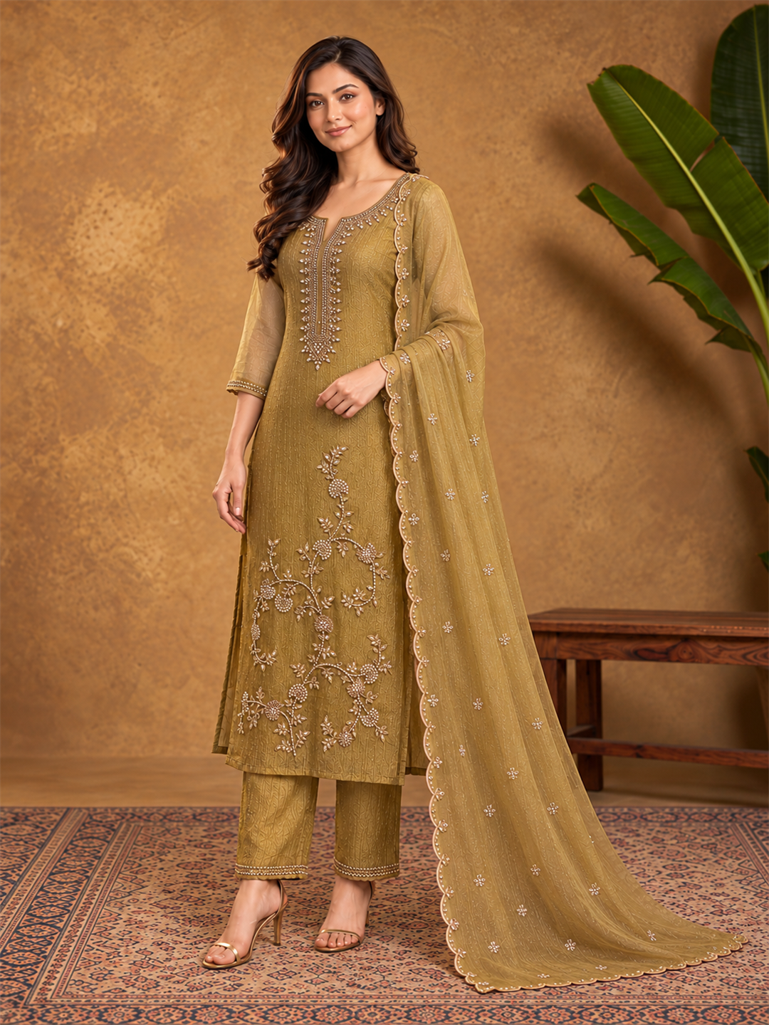 Gold Poly Silk Embroidered Kurta Palazzo Set with Dupatta