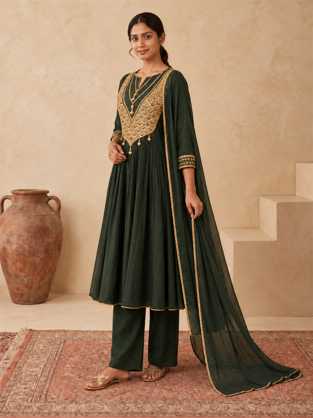 Forest Green Gold Embellished Silk Blend Anarkali Suit Set