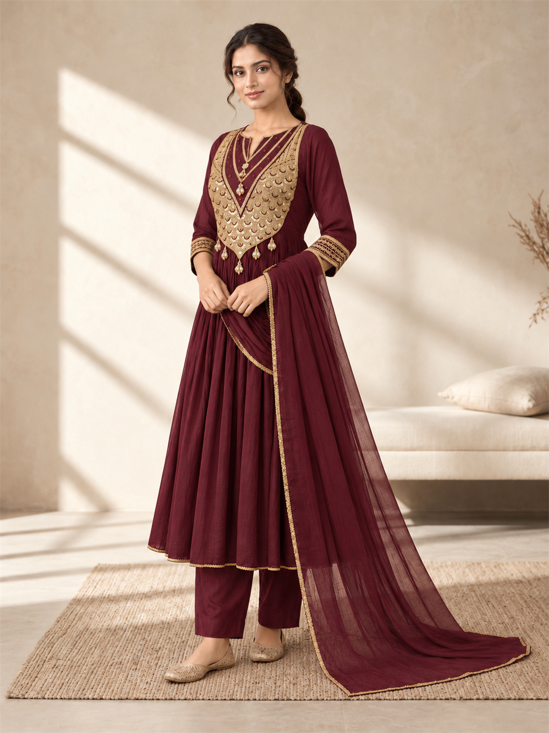 Wine Gold Embellished Silk Blend Anarkali Suit Set