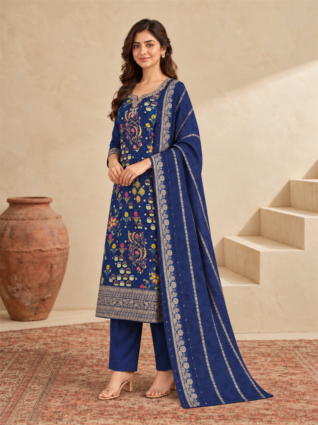 Royal Blue Floral Printed Silk Blend Suit Set