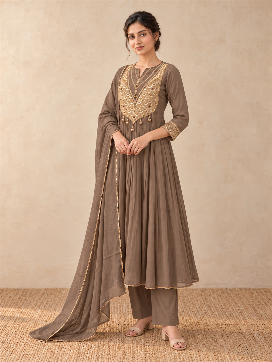 Taupe Gold Embellished Silk Blend Anarkali Suit Set