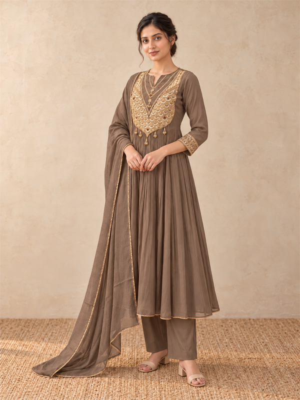 Taupe Gold Embellished Silk Blend Anarkali Suit Set