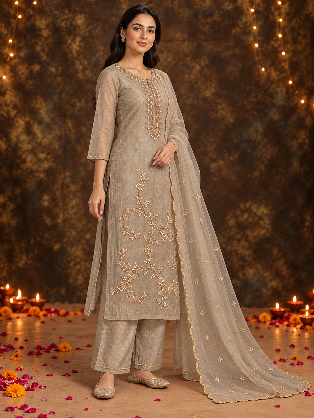 Taupe Poly Silk Embroidered Kurta Palazzo Set with Dupatta