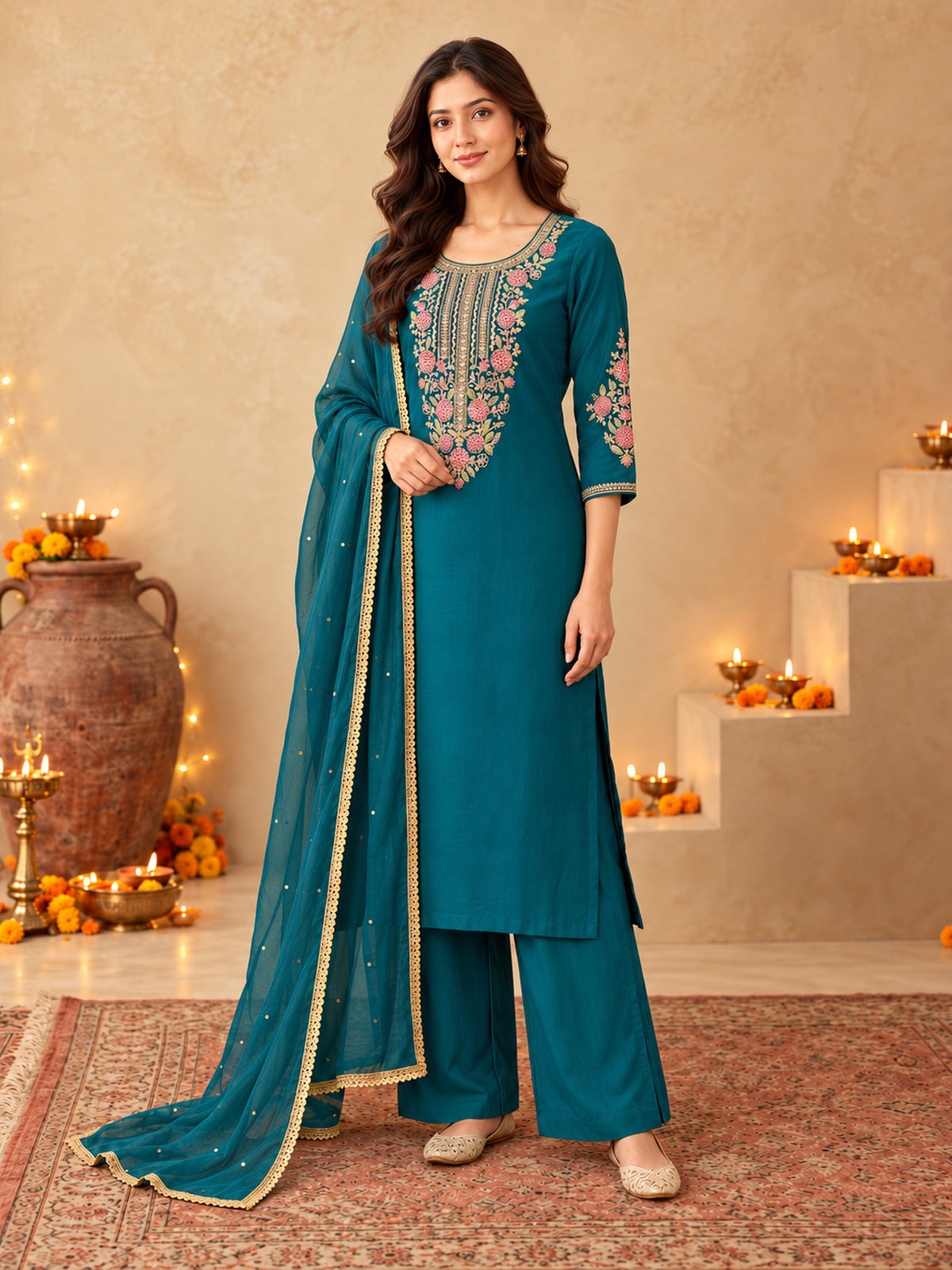 Teal Blue Silk Blend Floral Embroidered Kurta Trouser Set with Dupatta & Inner