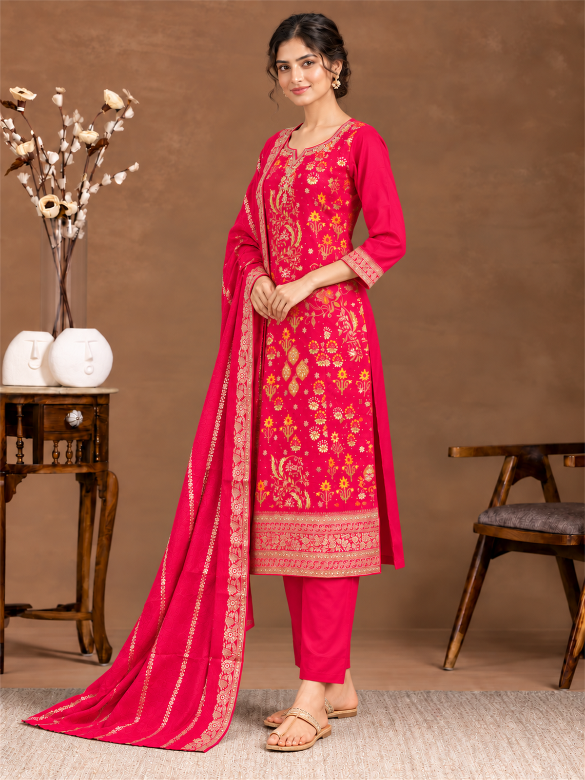 Rani Pink Floral Silk Blend Suit Set with Dupatta