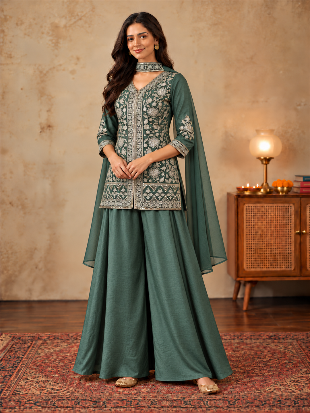 Olive Green Pure Silk Embroidered Kurta Sharara Set with Cape Dupatta