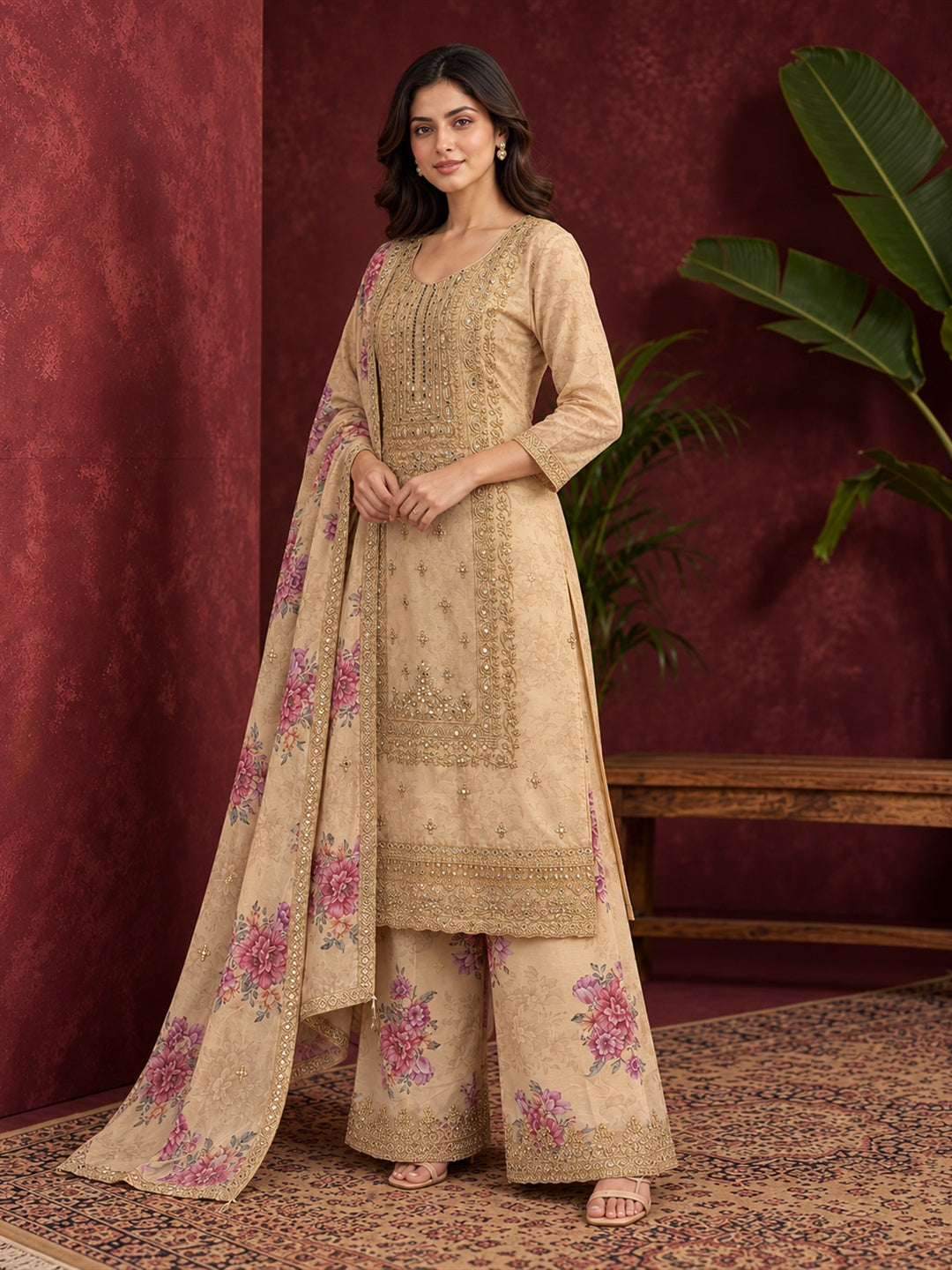 Beige Floral Embroidered Pure Silk Palazzo Suit Set