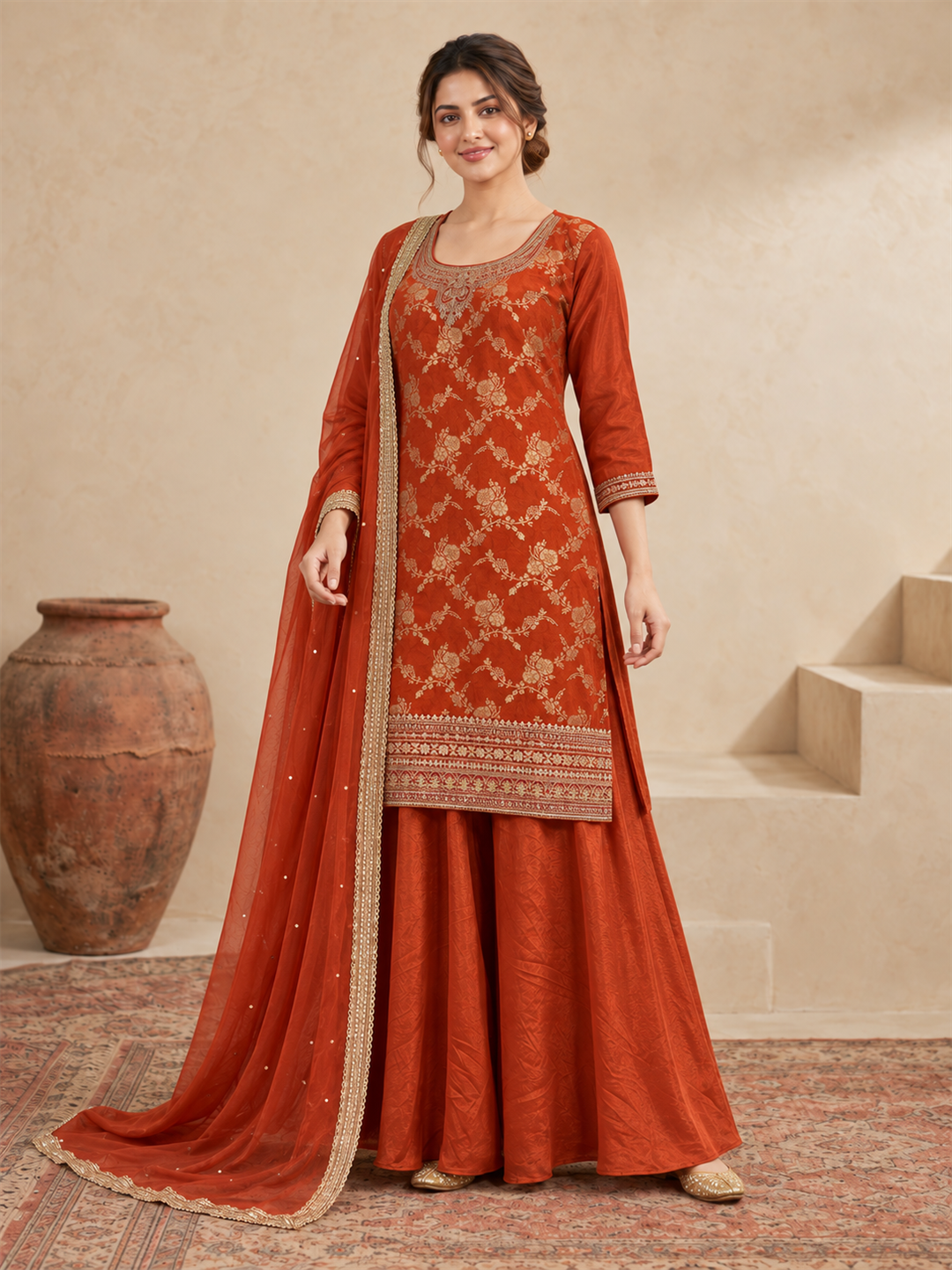 Rust Embroidered Silk Blend Sharara Suit with Dupatta