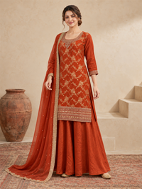 Rust Embroidered Silk Blend Sharara Suit with Dupatta
