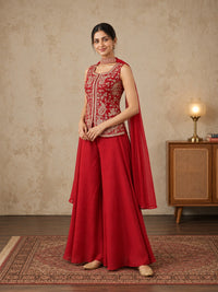 Red Embroidered Silk Sharara Set with Cape Dupatta