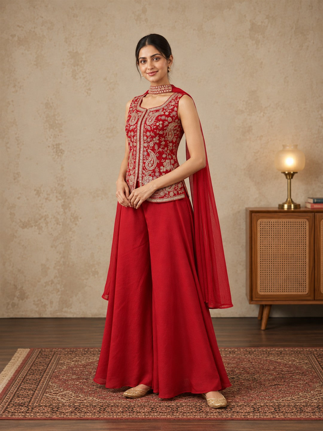 Red Embroidered Silk Sharara Set with Cape Dupatta