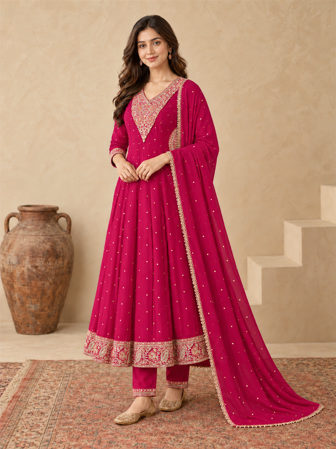 Rani Pink Chanderi Silk Golden Embroidered Anarkali Kurta Pant Set with Dupatta