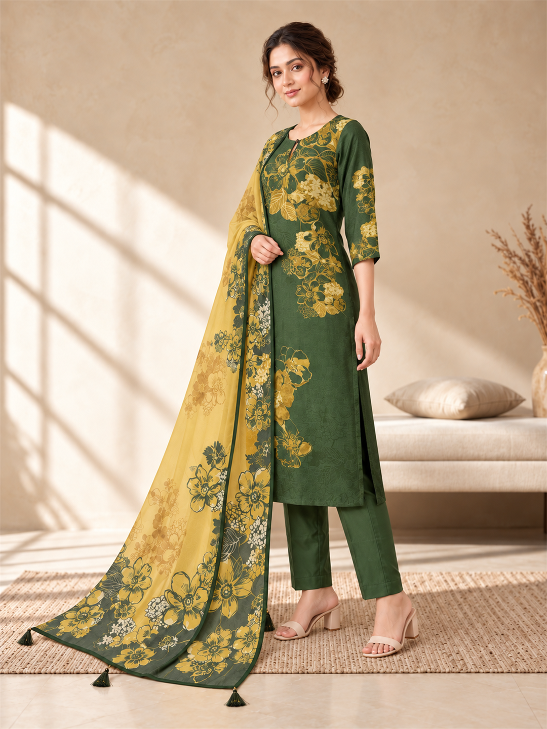 Green Floral Printed Kurta Set with Dupatta