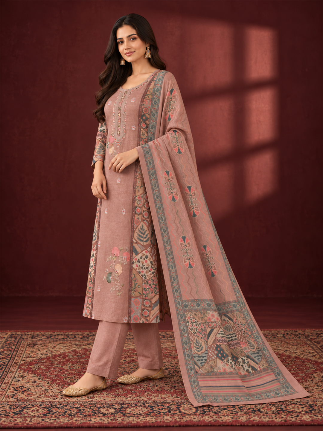 Dusty Rose Pink Floral Embroidered Mul Chanderi Straight Kurta Trouser Set with Printed Dupatta