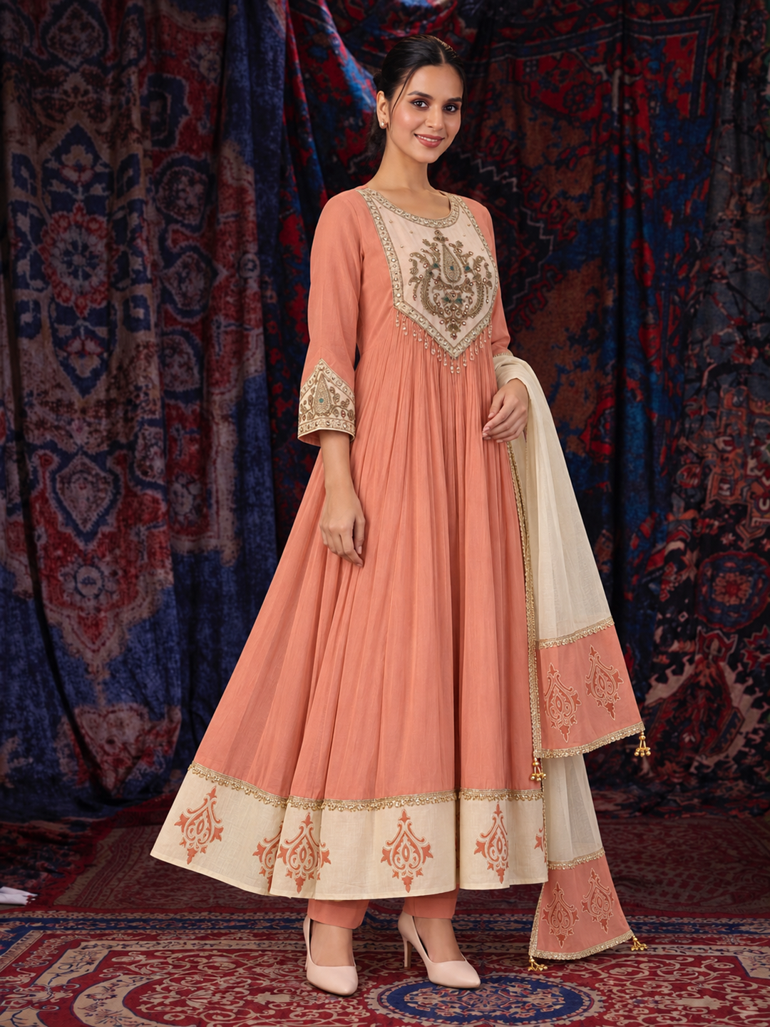 Peach Mul Chanderi Anarkali Suit Set with Embroidered Neckline and Dupatta