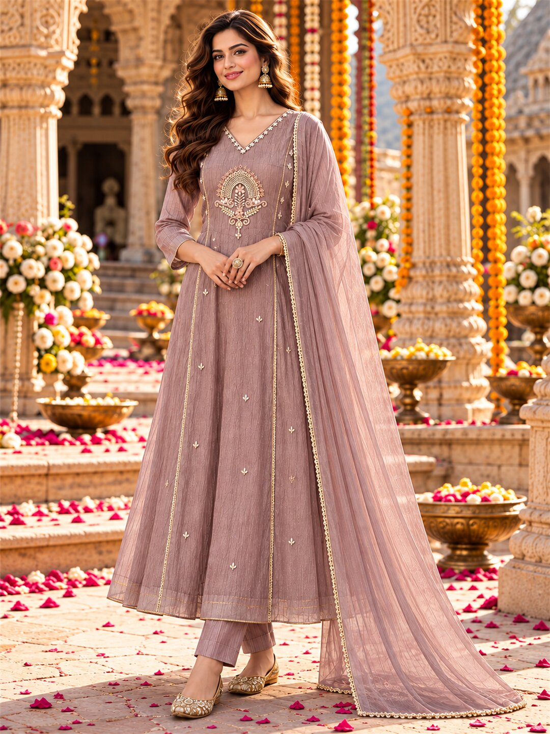 Dusty Mauve Embroidered Poly Silk Anarkali Suit Set with Dupatta