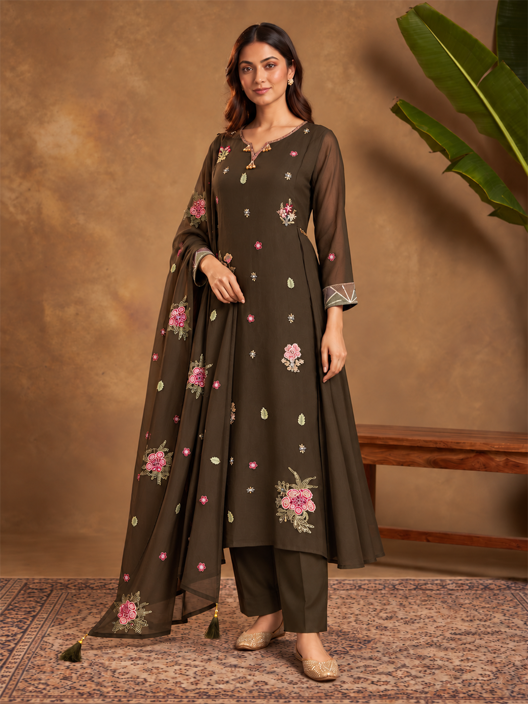 Dark Brown Floral Embroidered Viscose Rayon Suit Set