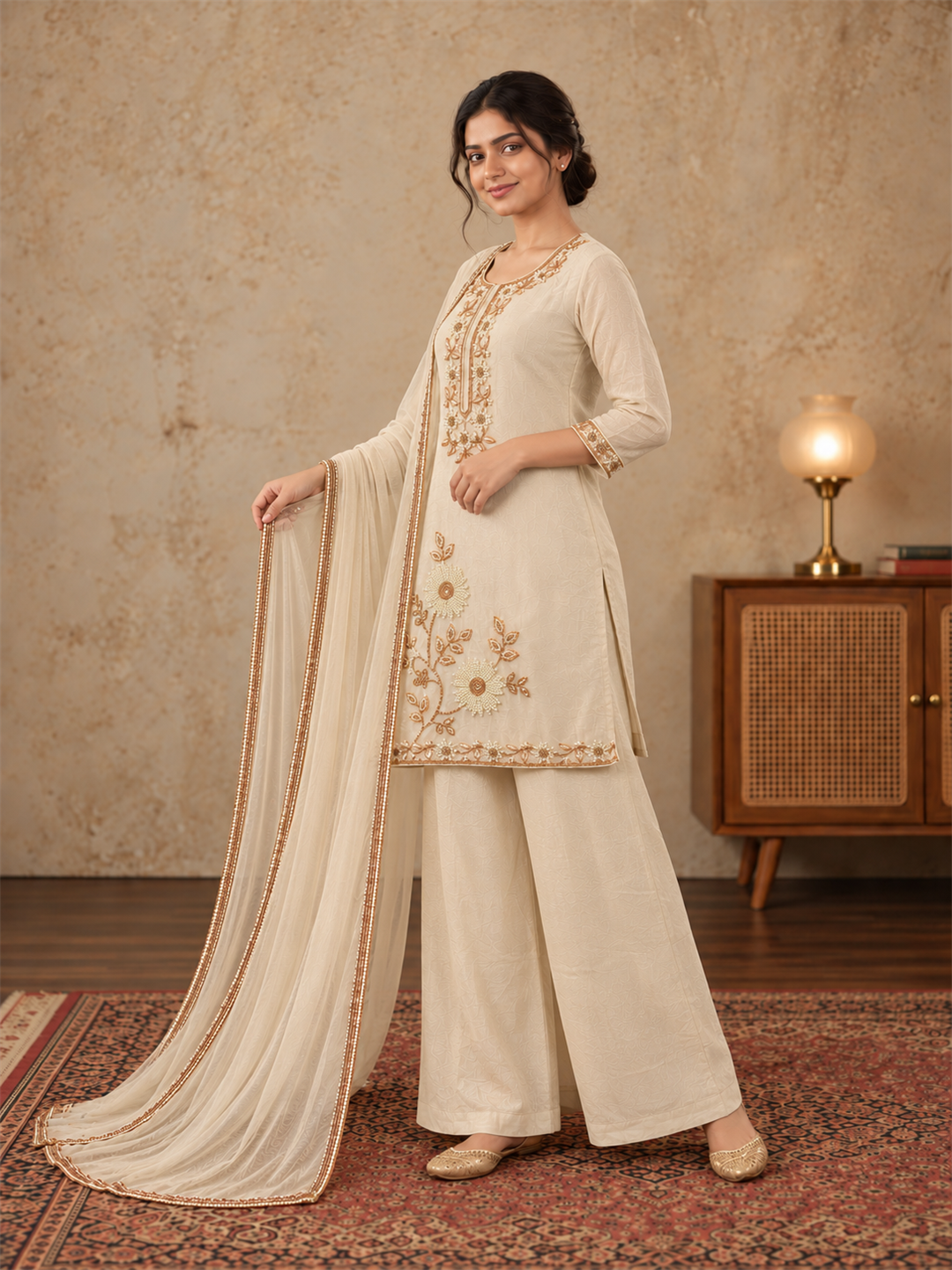 Ivory Gold Embroidered Chinon Palazzo Suit Set