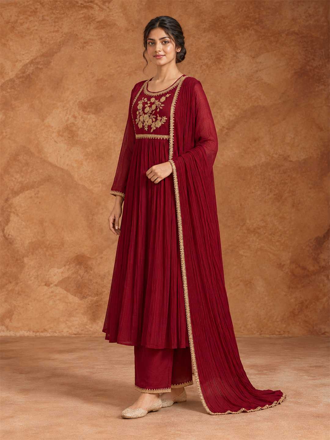 Maroon Embroidered Chanderi Silk Anarkali Suit Set with Dupatta