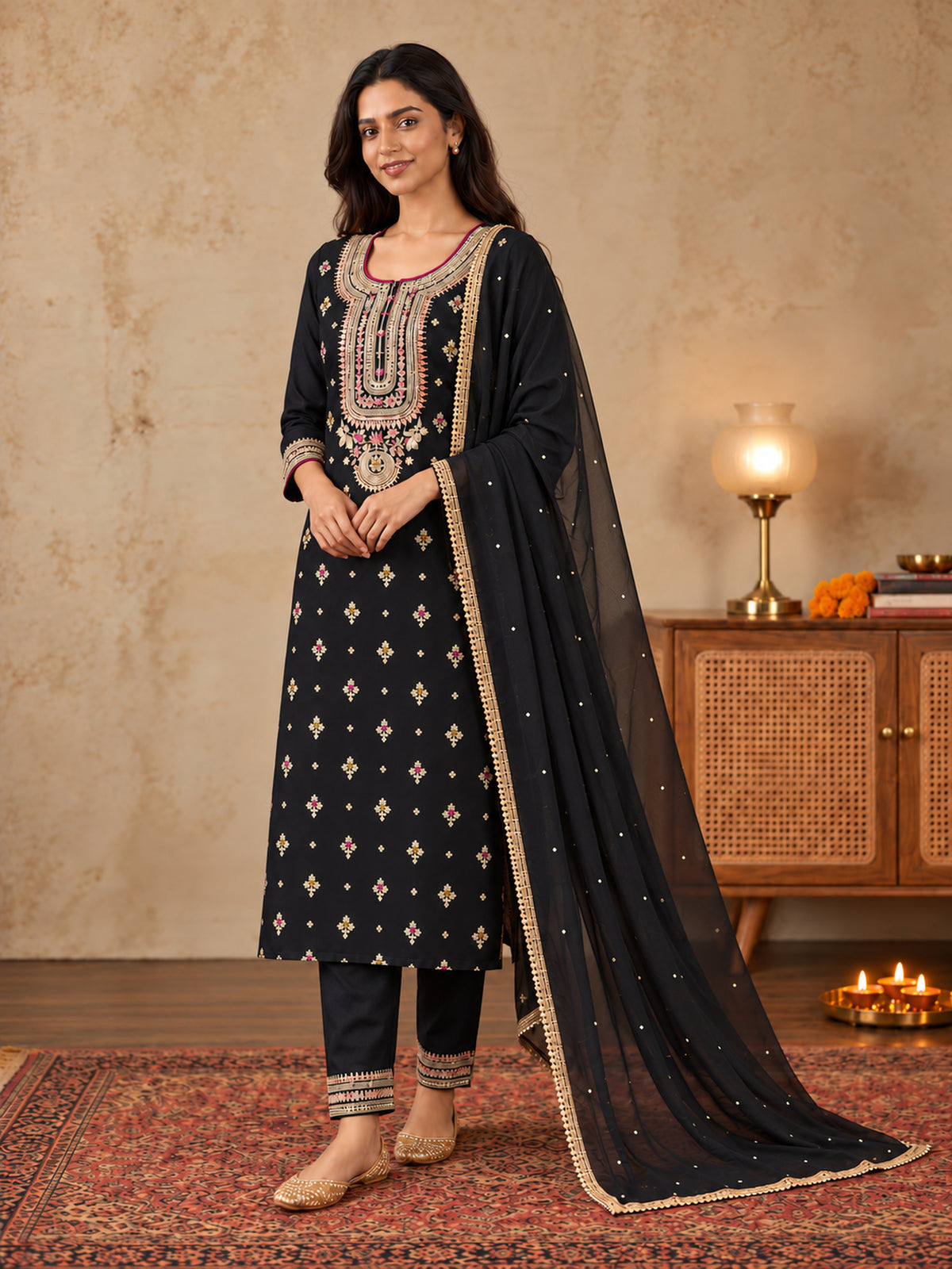 Black Embroidered Silk Blend Straight Suit Set