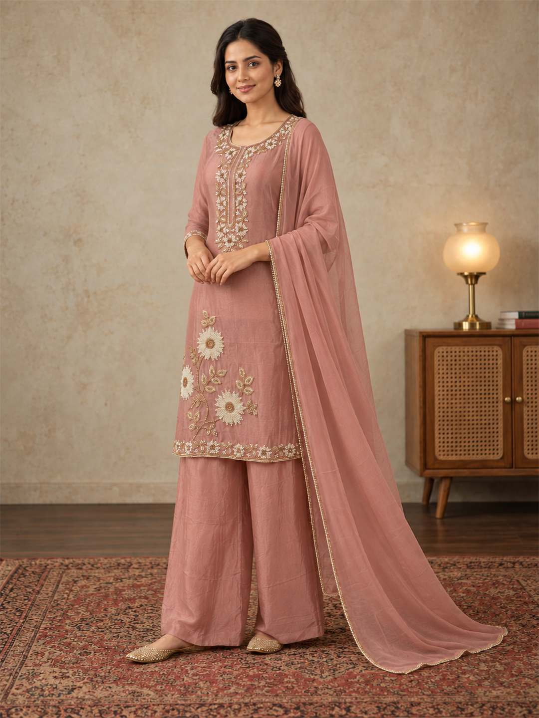 Dusty Rose Embroidered Chinon Palazzo Suit Set