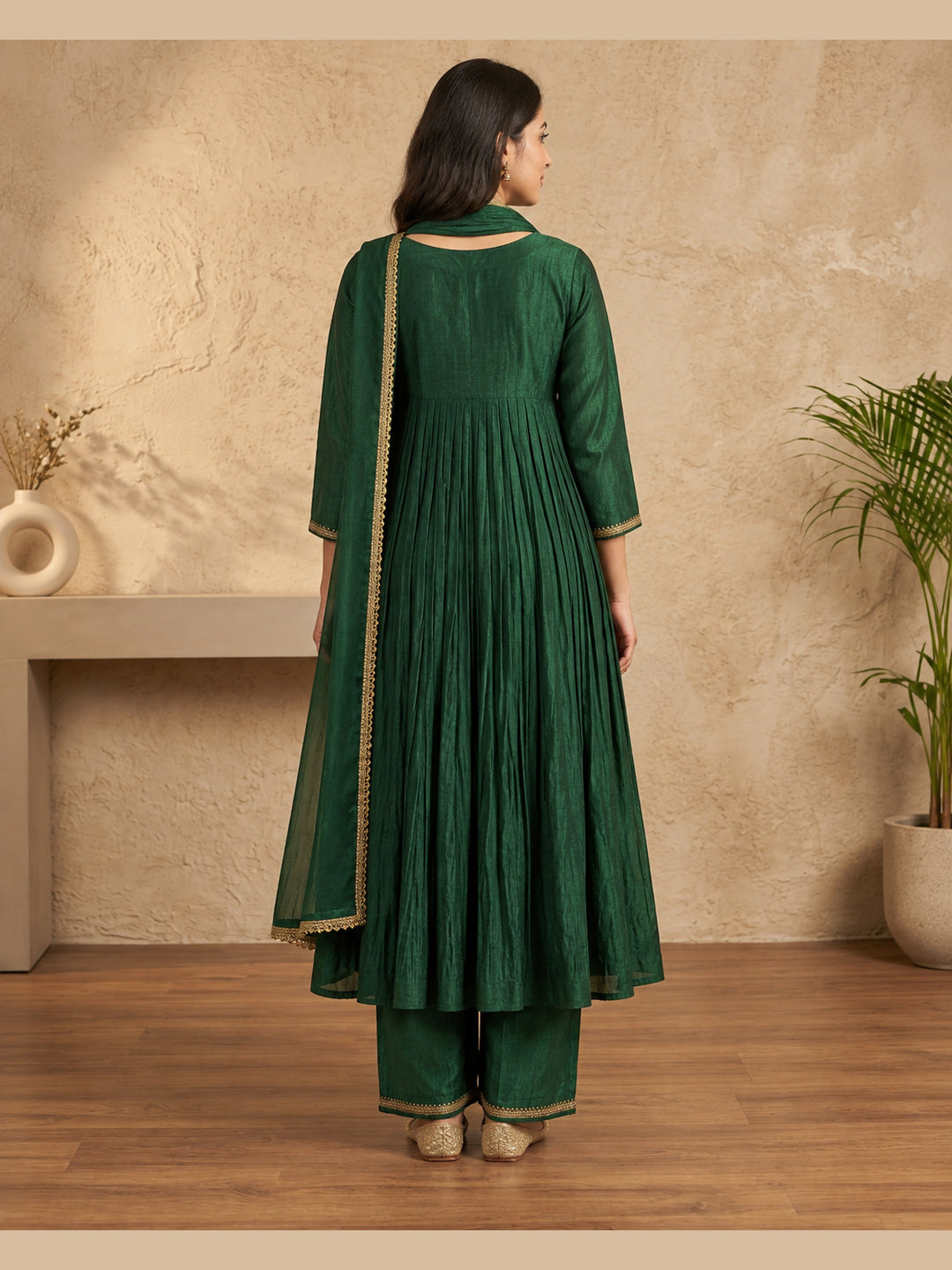 Emerald Green Floral Embroidered Anarkali Set with Dupatta – back view