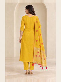 Women's Yellow Chanderi Cotton Embroidered Kurta With Trouser And Dupatta