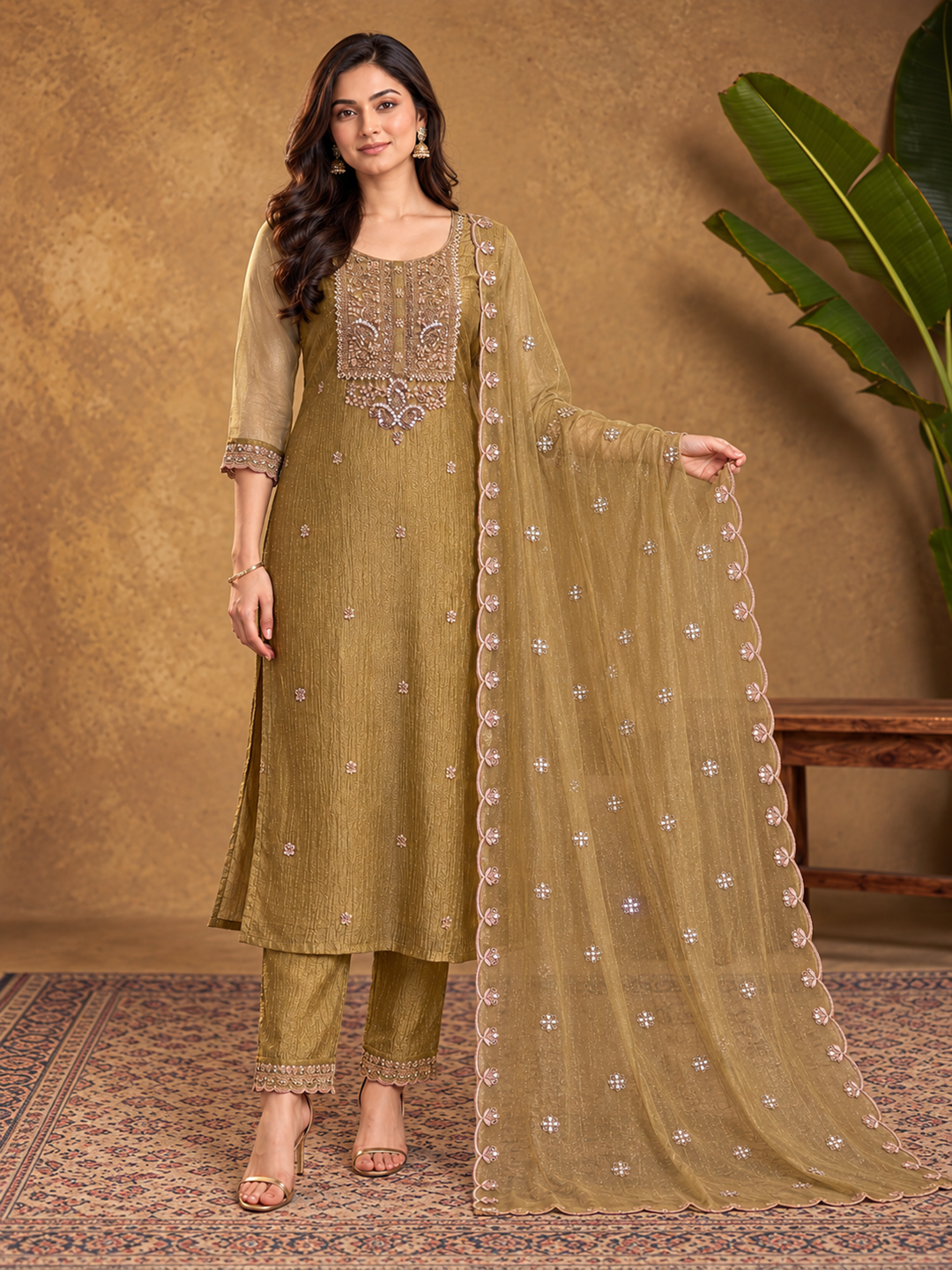 Antique Gold Embroidered Poly Silk Suit Set