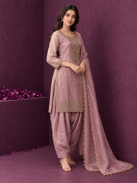 Mauve Pink Pure Silk Embroidered Punjabi Suit with Pearl-Trimmed Dupatta