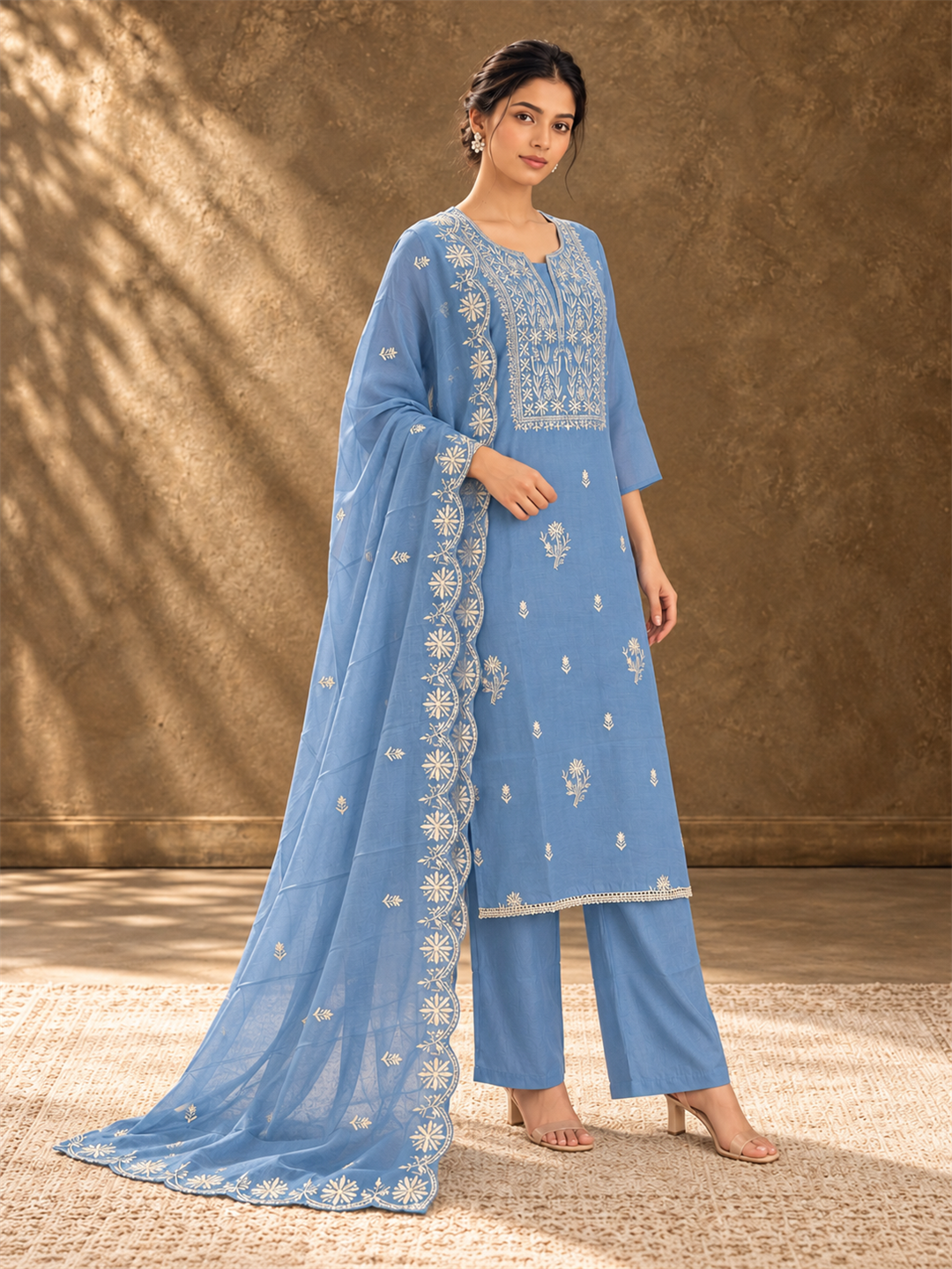 Powder Blue Embroidered Mul Chanderi Kurta Palazzo Set with Dupatta