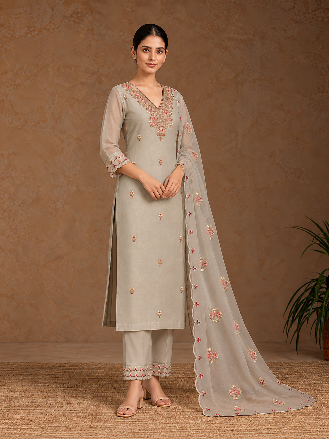Grey Silk Blend Embroidered Straight Suit Set with Floral Dupatta
