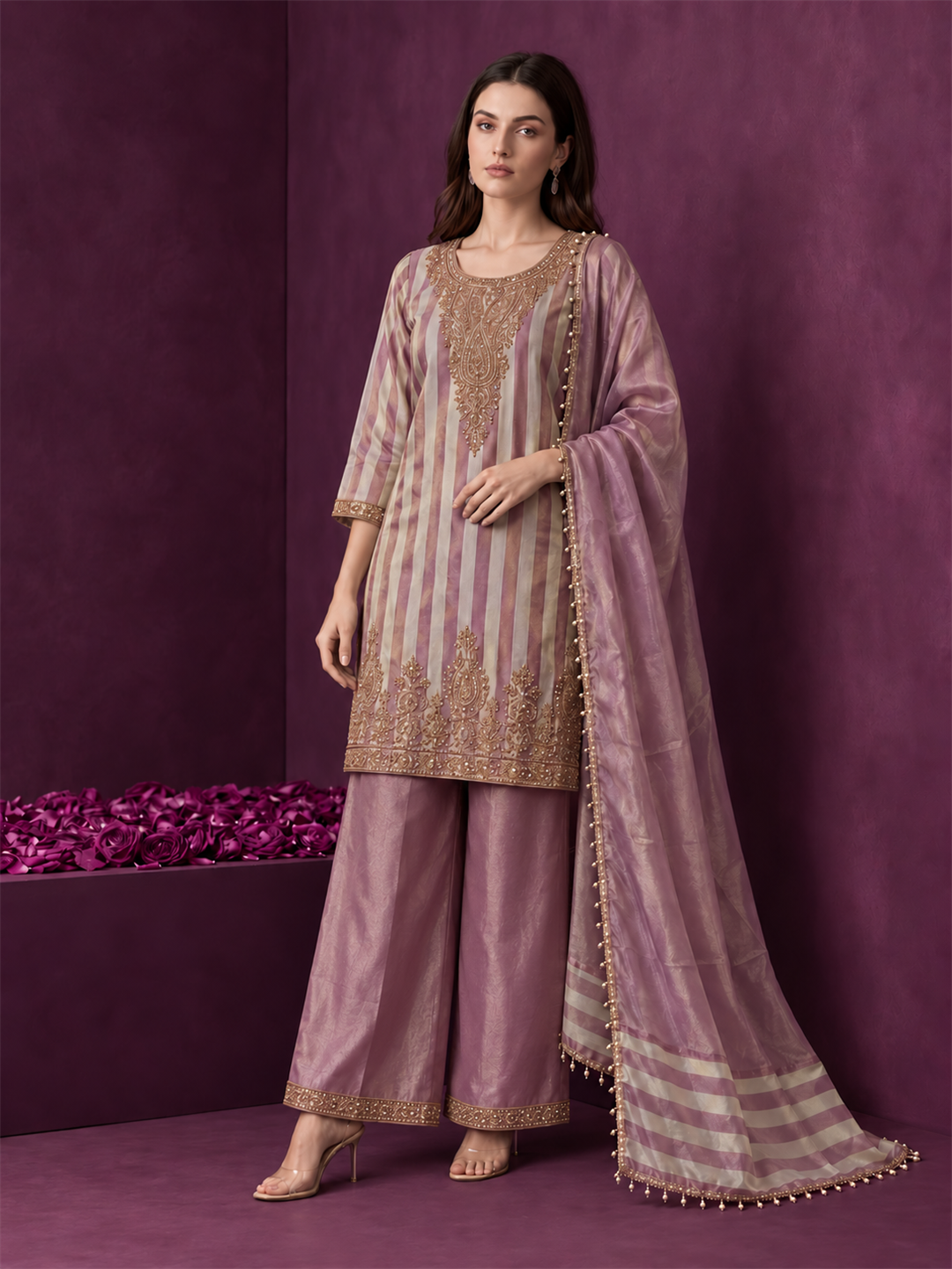 Dusty Pink Striped Pure Silk Palazzo Suit Set