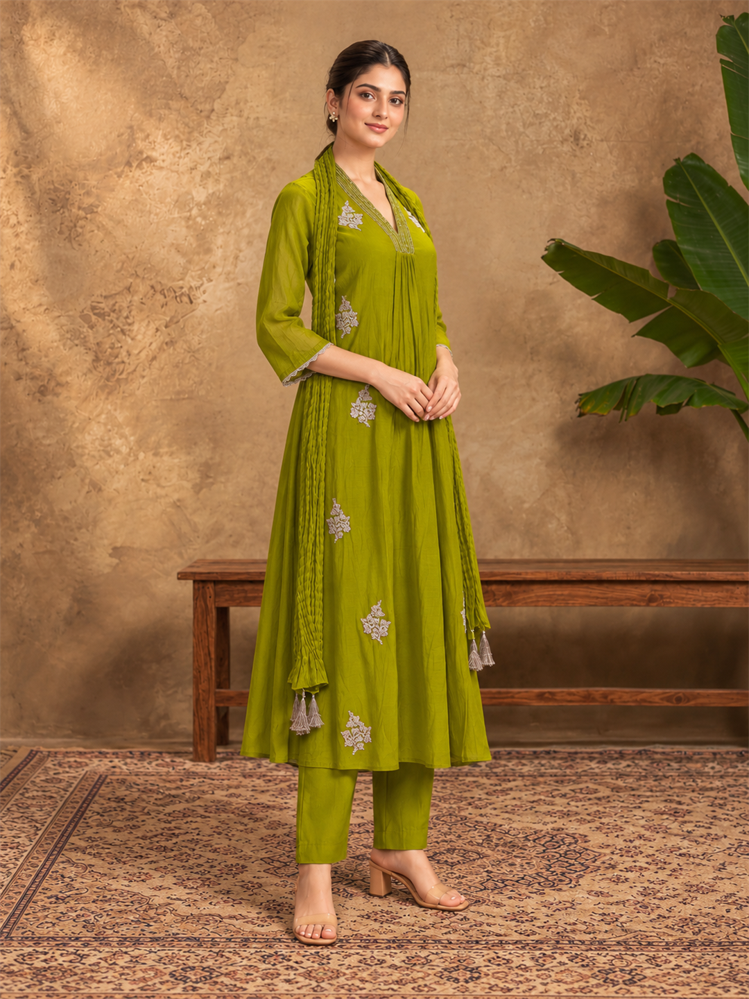Green Mul Chanderi Embroidered Kurta Pant Set with Dupatta