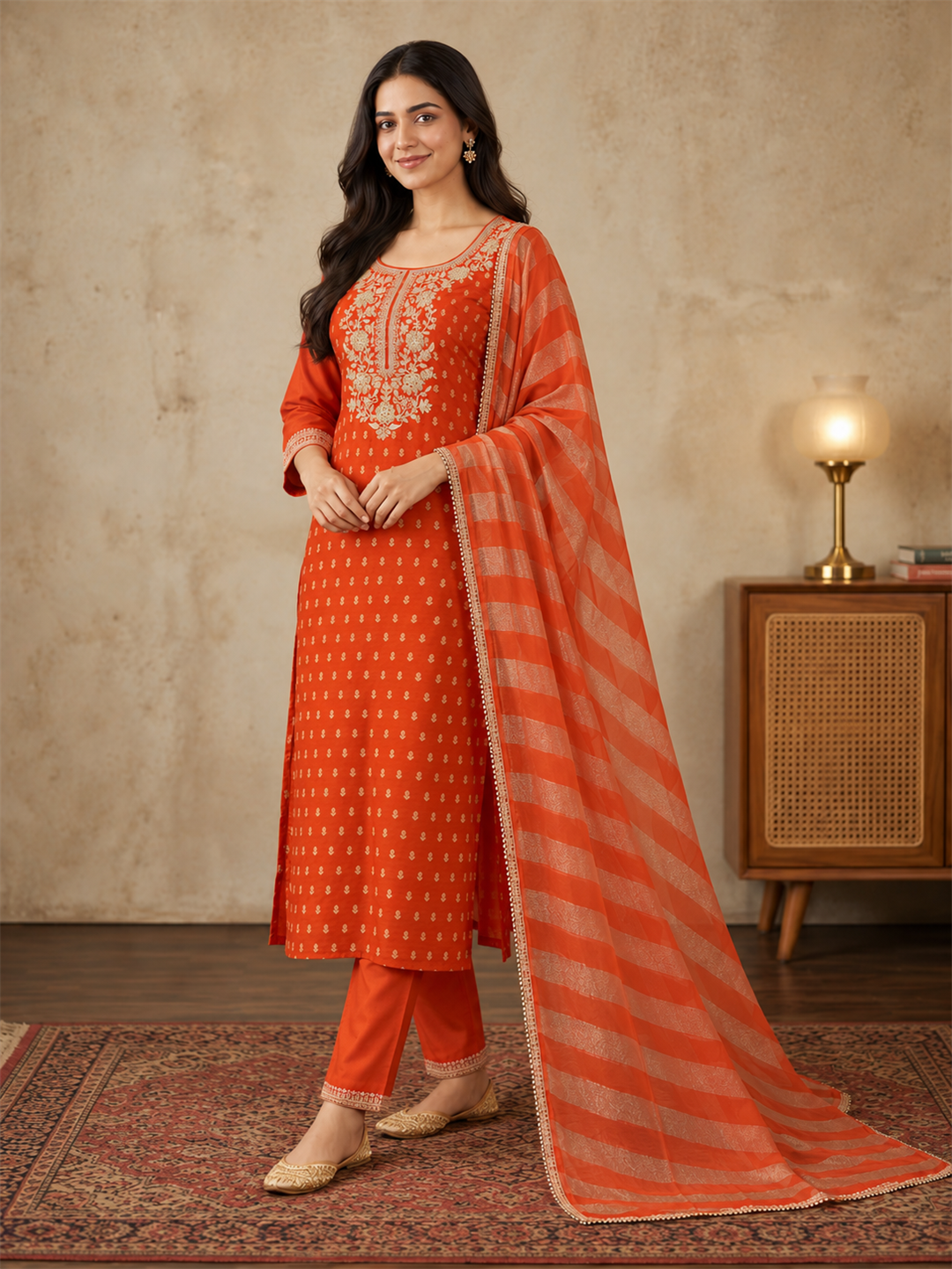 Rust Orange Jacquard Kurta Set with Striped Dupatta