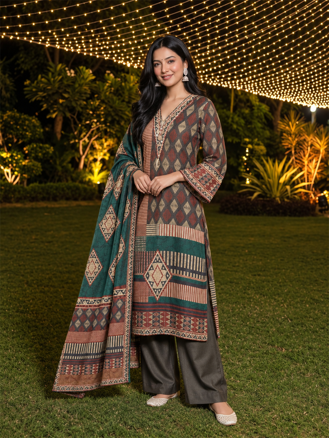 Teal Green & Charcoal Grey Geometric Printed Silk Blend Straight Kurta Trouser Set with Dupatta