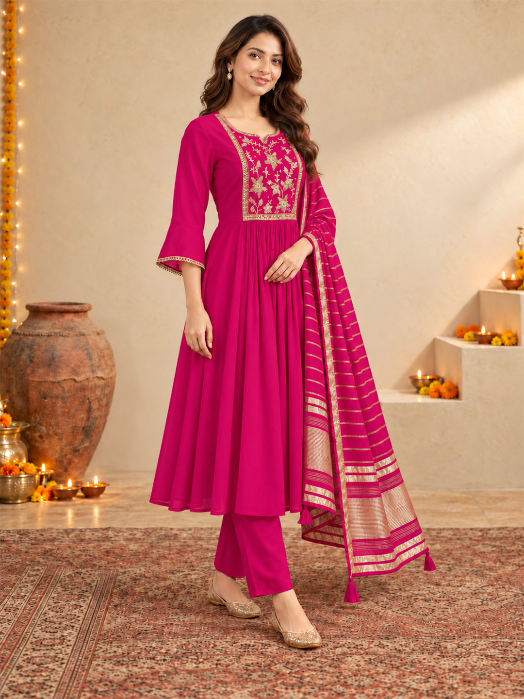 Fuchsia Pink Mul Chanderi Embroidered Kurta Pant Set with Dupatta