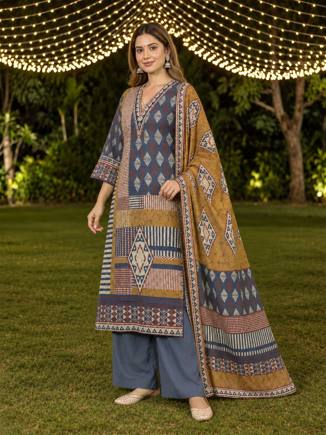 Mustard & Slate Blue Geometric Printed Silk Blend Kurta Trouser Set with Dupatta