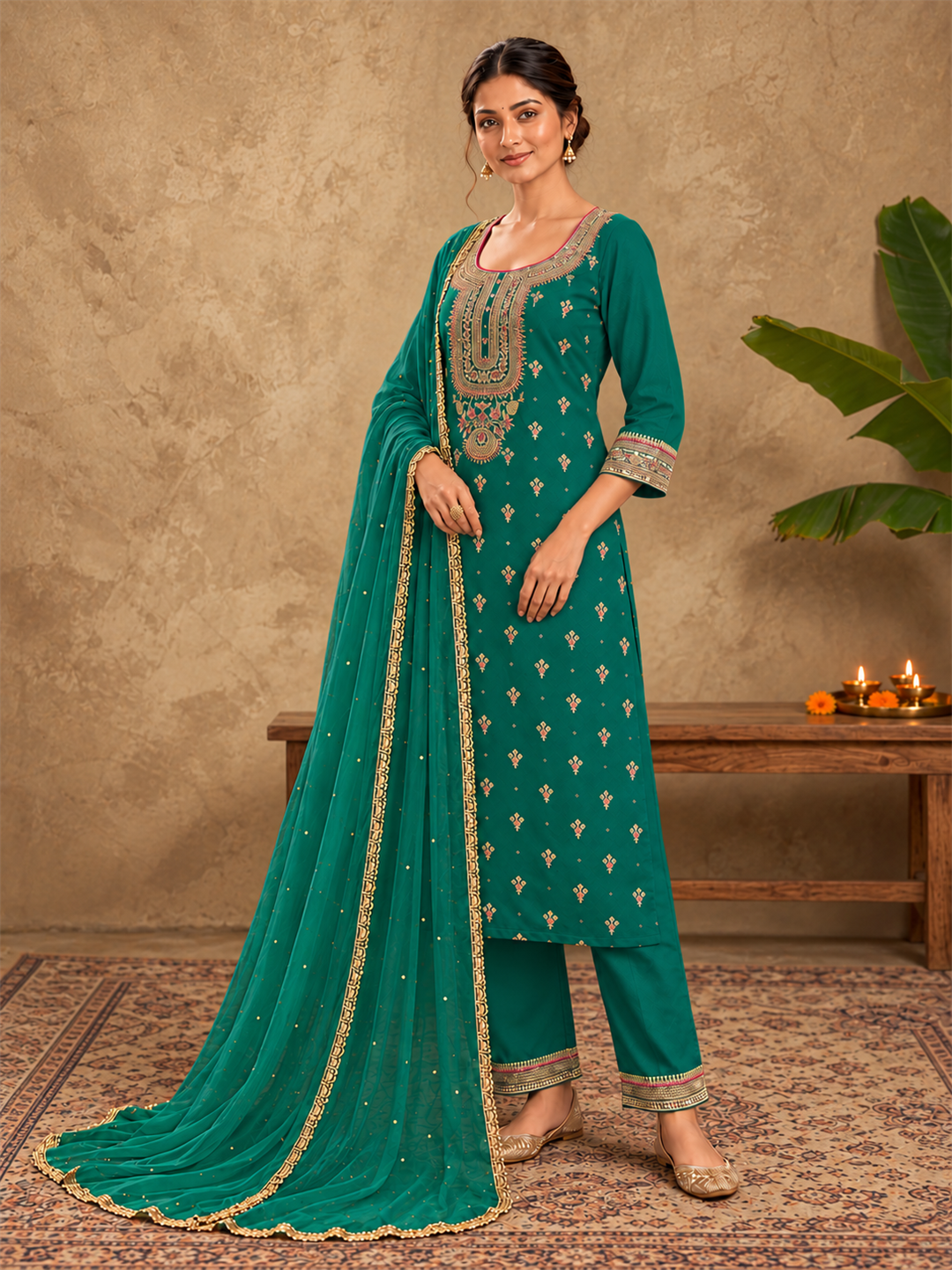 Emerald Green Embroidered Silk Blend Kurta Set with Dupatta