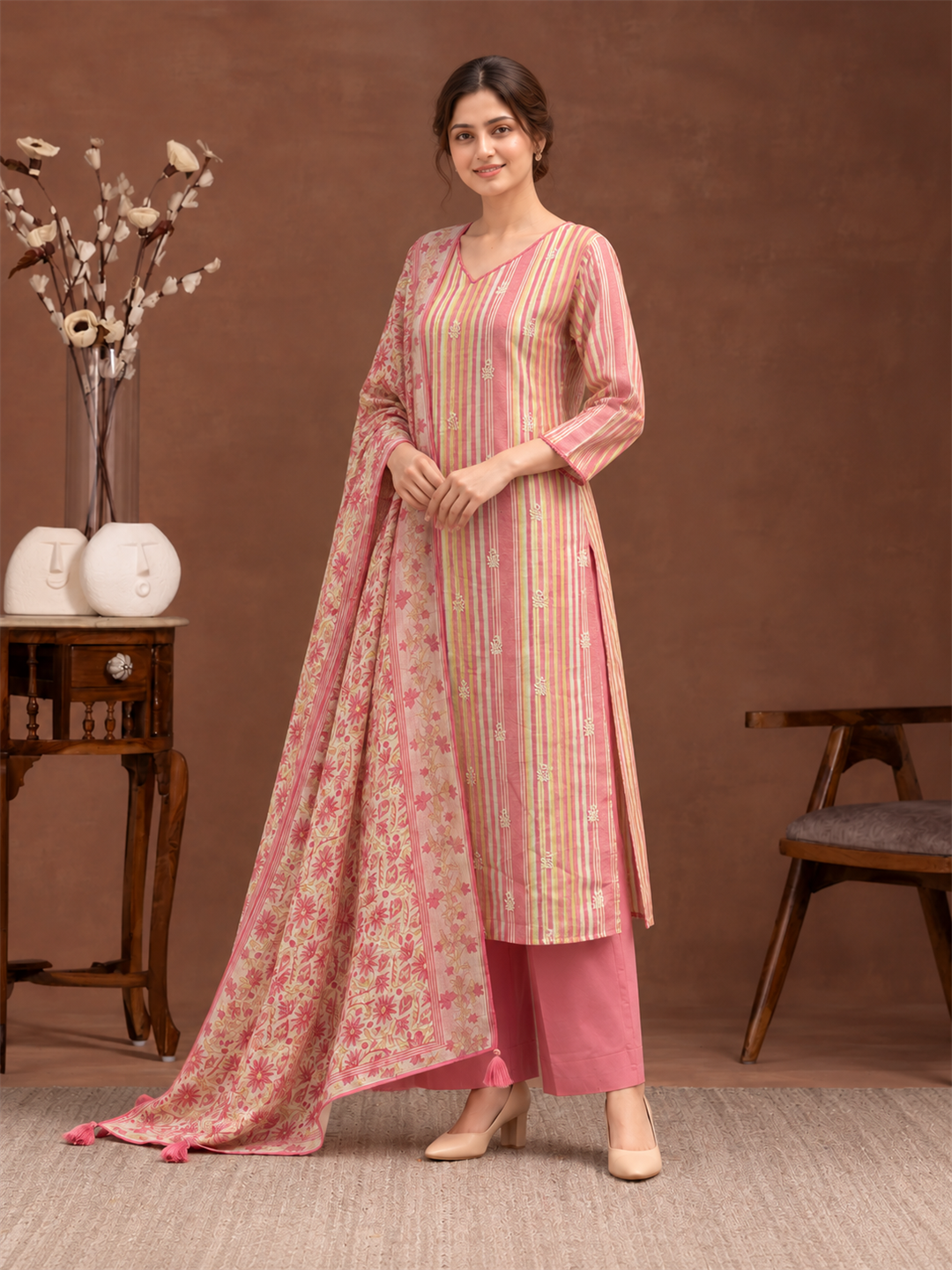 Rose Pink Striped Linen Suit Set with Floral Dupatta