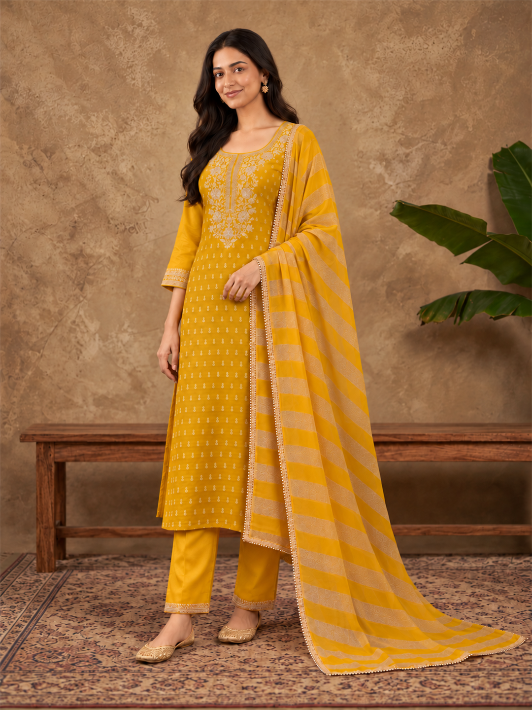 Yellow Jacquard Kurta Set with Striped Dupatta