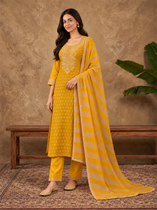 Yellow Jacquard Kurta Set with Striped Dupatta