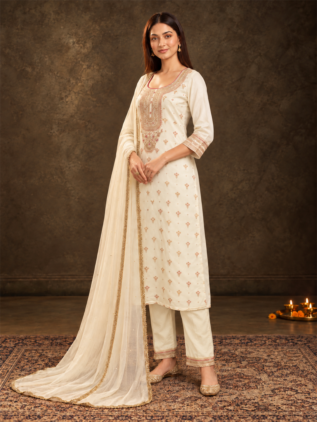 Ivory Silk Blend Embroidered Kurta Pant Set with Dupatta