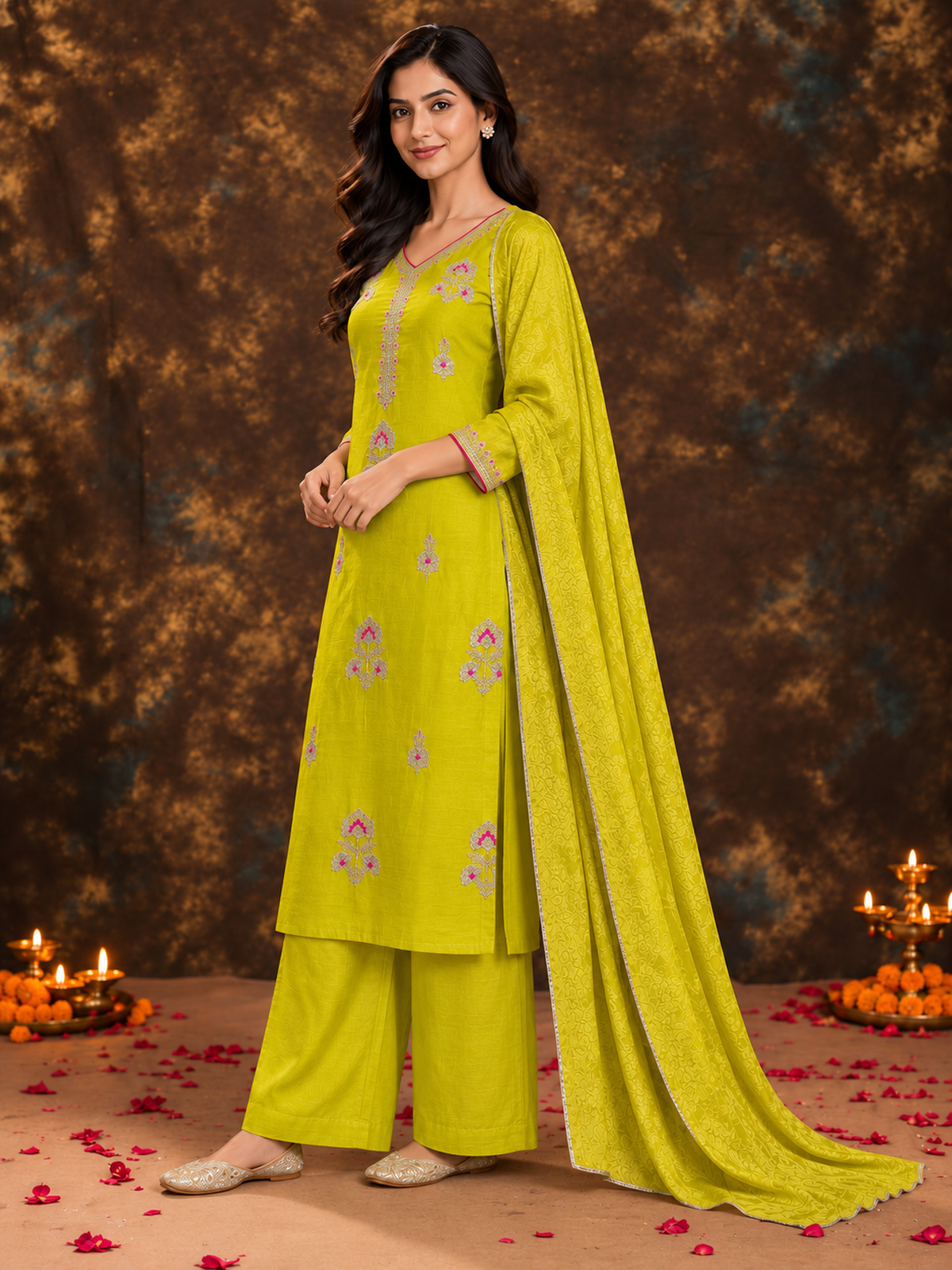 Lime Yellow Silk Blend Floral Embroidered Kurta Trouser Set with Dupatta & Inner