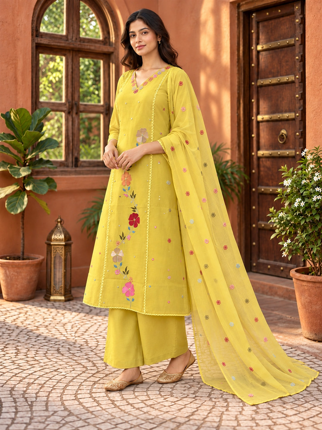 Yellow Floral Embroidered Mul Chanderi Suit Set