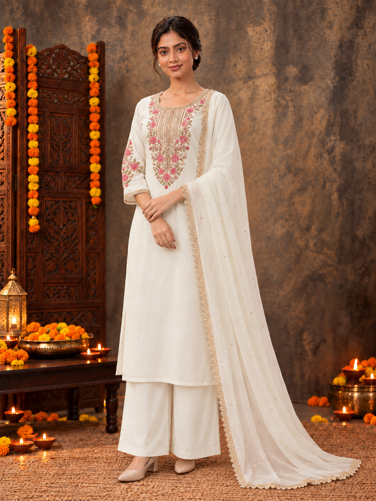 Ivory White Silk Blend Floral Embroidered Kurta Trouser Set with Dupatta & Inner