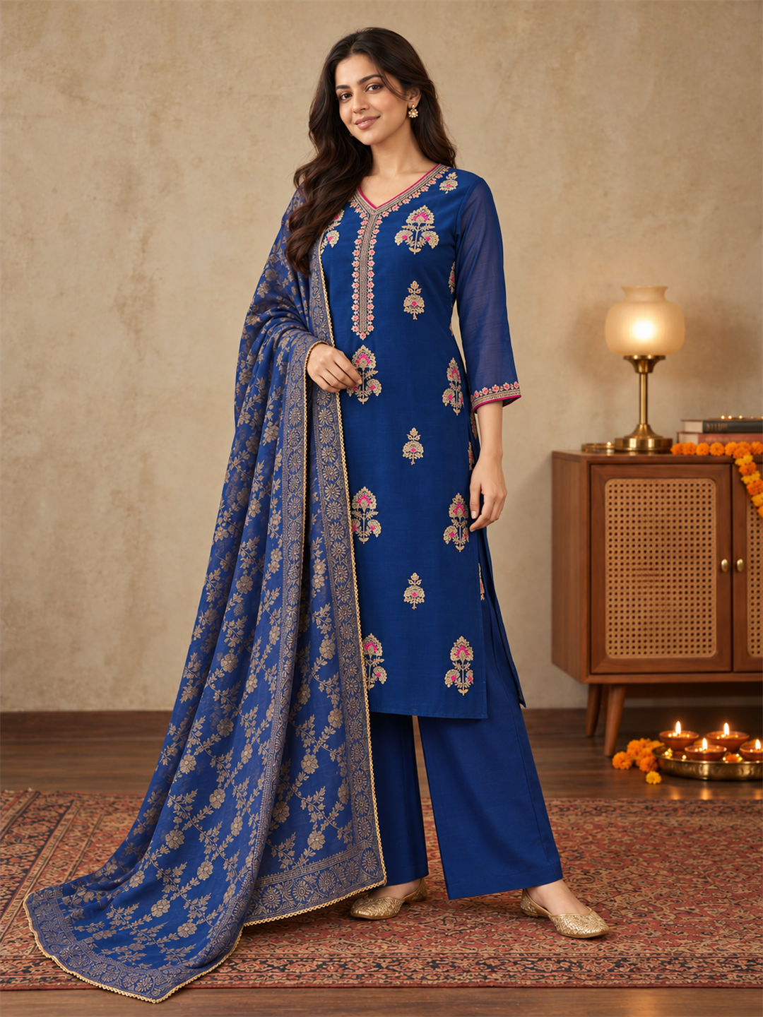 Royal Blue Silk Blend Floral Embroidered Kurta Trouser Set with Dupatta & Inner
