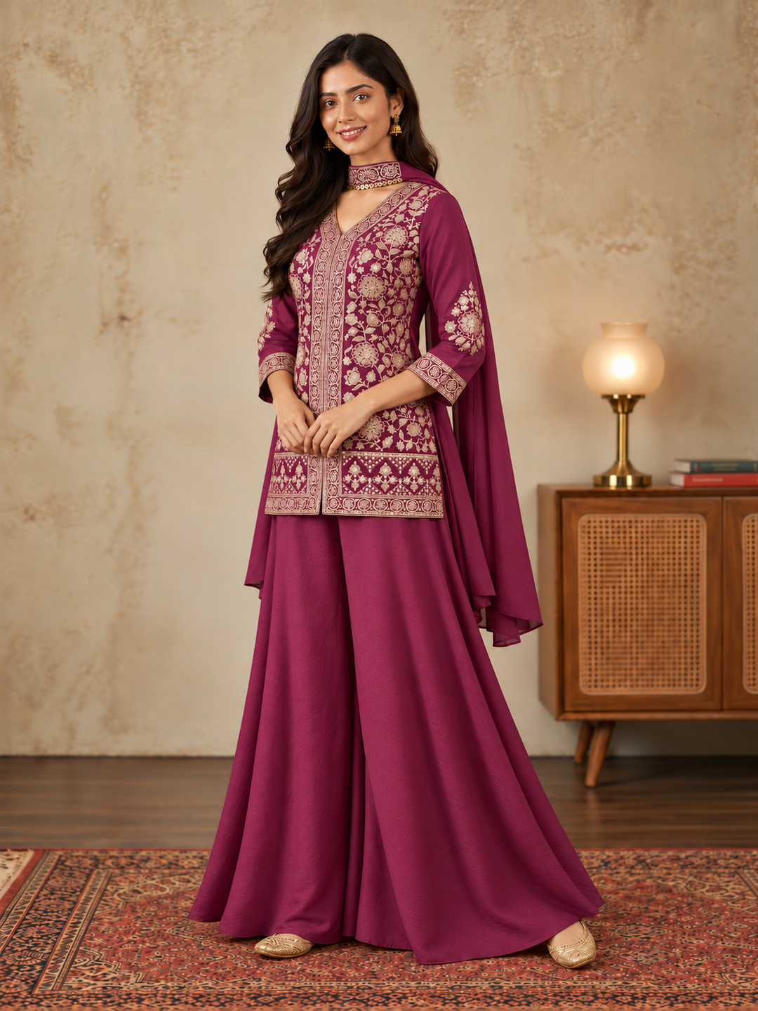 Wine Pure Silk Embroidered Kurta Sharara Set with Dupatta